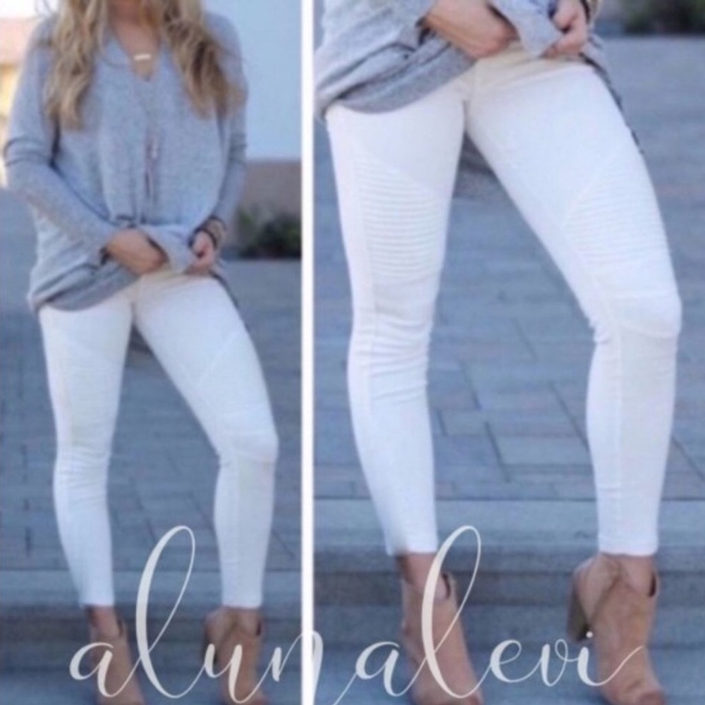 New Mix White Ribbed Moto Leggings